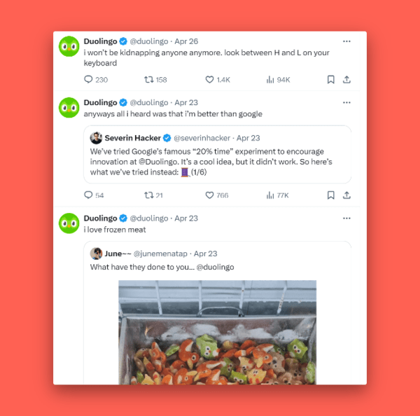 An example of Duolingo’s X account with interactions and engagement