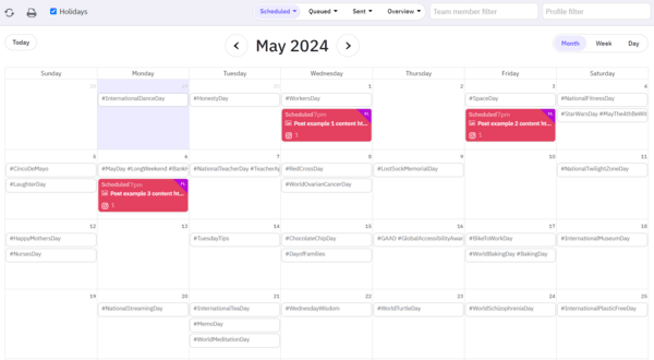 An example of Sendible’s content calendar with holidays activated