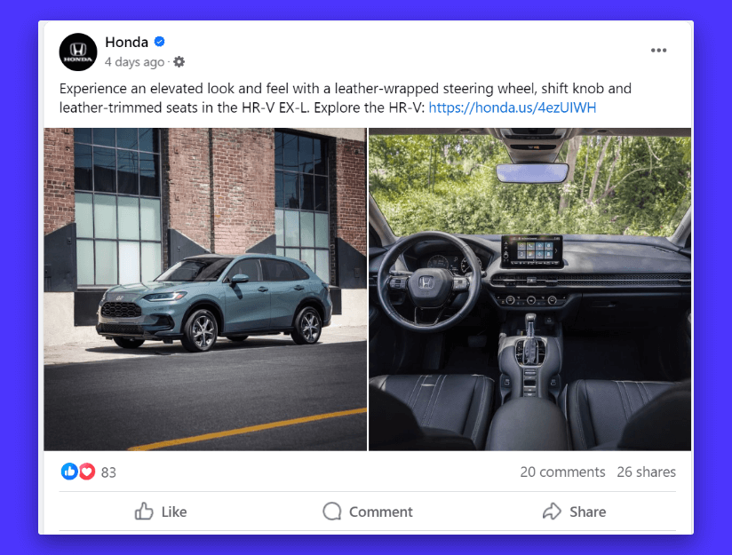 A screenshot of Honda's Facebook page