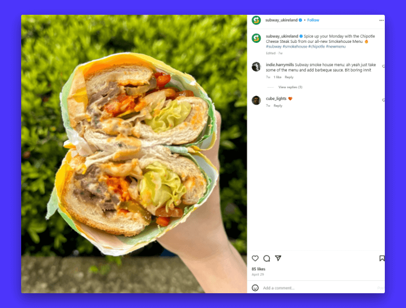 A screenshot of Subway's UK and Ireland Instagram page